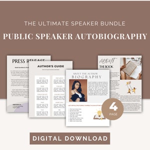 Public speaker autobiography, public speaker bio, author guides, public speaker press release, customizable on canva