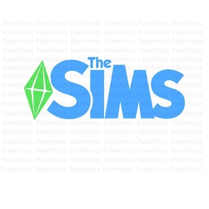 May include: The Sims logo featuring the text "The Sims" in blue and a green diamond shape to the left of the text.