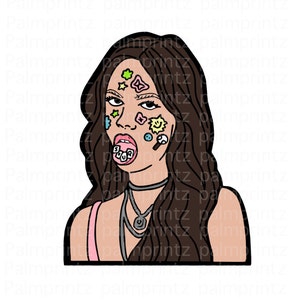 May include: A cartoon illustration of a person with brown hair and a pink tank top. The person has colorful stickers on their face and a colorful mouth guard.