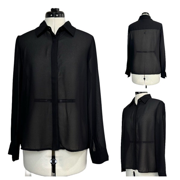 Black Long Sleeve Soft Botton-Down Sheer Blouse Women Holiday Gift Shirt