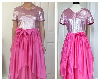 women's pink glitter short sleeves dress, Valentine dress, holiday party tie belt midi dress