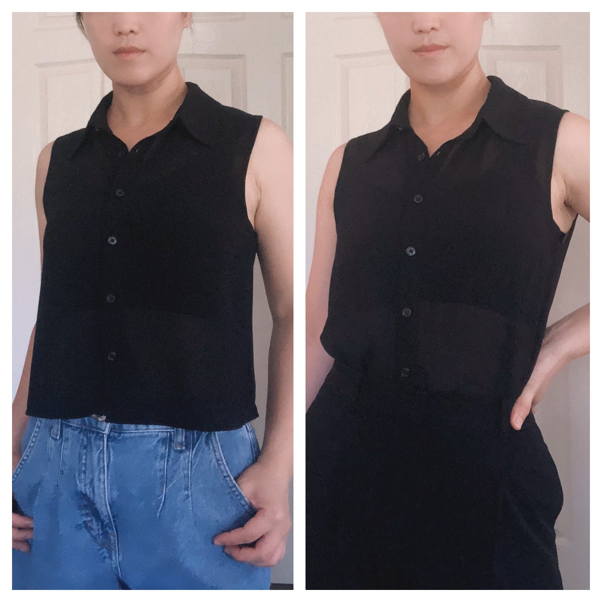 Minimalist Crop Black Sheer Top Sleeveless Button Down Blouse With 