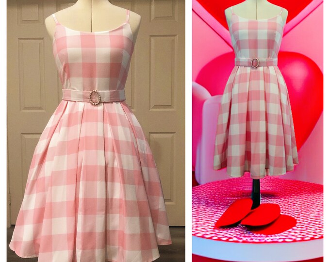 Adult Pink Gingham Dress, Pink Plaid Dress Women, Vintage Retro 50s ...