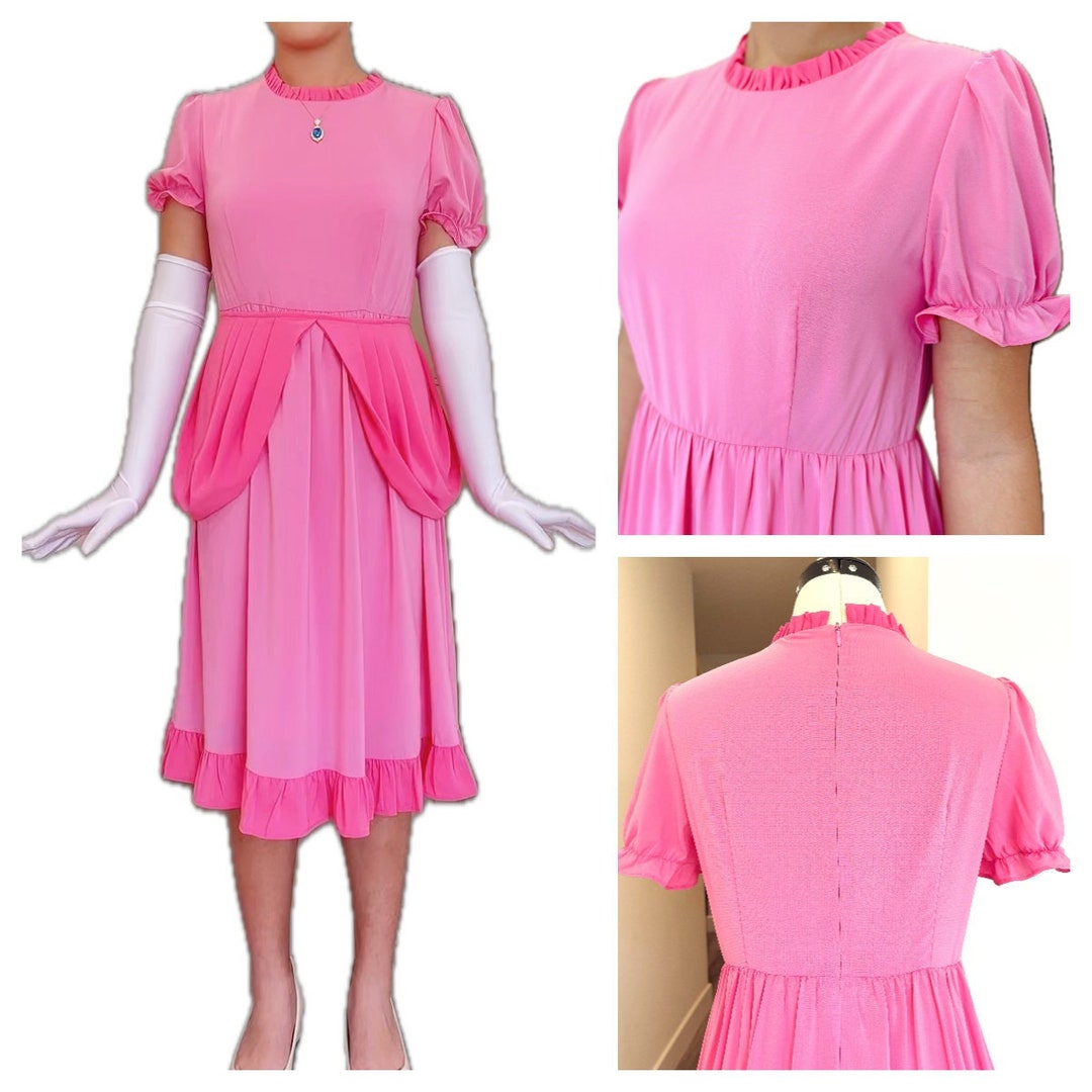 Adult Princess Peach Cosplay Dress Womens Pink Ruffle Hem Ruffle Neck ...