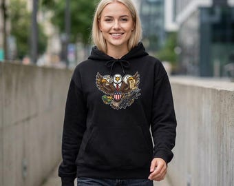Three-Headed Eagle Crest Patriotic Hoodie: Satirical Constitution Liberty Sweatshirt