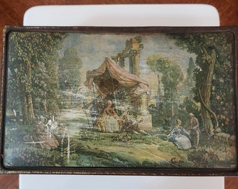 Antique Canco Tin Lithograph Box. Very old, 19th century? Depicts 18th century Aristocrats