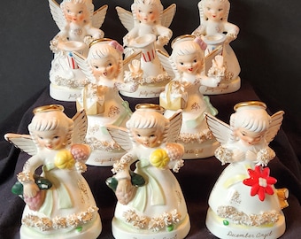 Napco A136 Birthday Angel of the Month, Girl, Spaghetti Trim, Halo, Made in Japan. 3 July, 2 August, 2 November, December