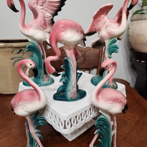 Flamingos MCM Vintage 1940-50s Pottery, Set of 5, 2 wings spread, 1 head down, 2 standing. Shades of Pink, Green and Black Accents.