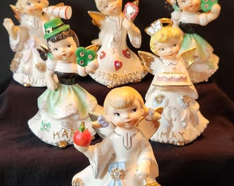 Geo Z Lefton 1987J Birthday Angels of the Month, 1957 Jan, Feb, 2 March, May, Sept, each sold separately, Spaghetti Trim with Jewels