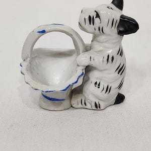 1950s Made in Japan White Terrier with Black Ears and Basket, Bisque Porcelain