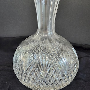 American Brilliant Cut Crystal Glass Vase, Carafe, Decanter, ABP Clear Cut, 1900s Strawberry Diamond Fan Pattern, approx 8&quot; tall, 6.25&quot; acro