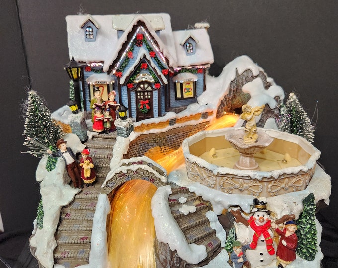 Fiber Optic Christmas Village Landscape Scene With Waterfall and Water