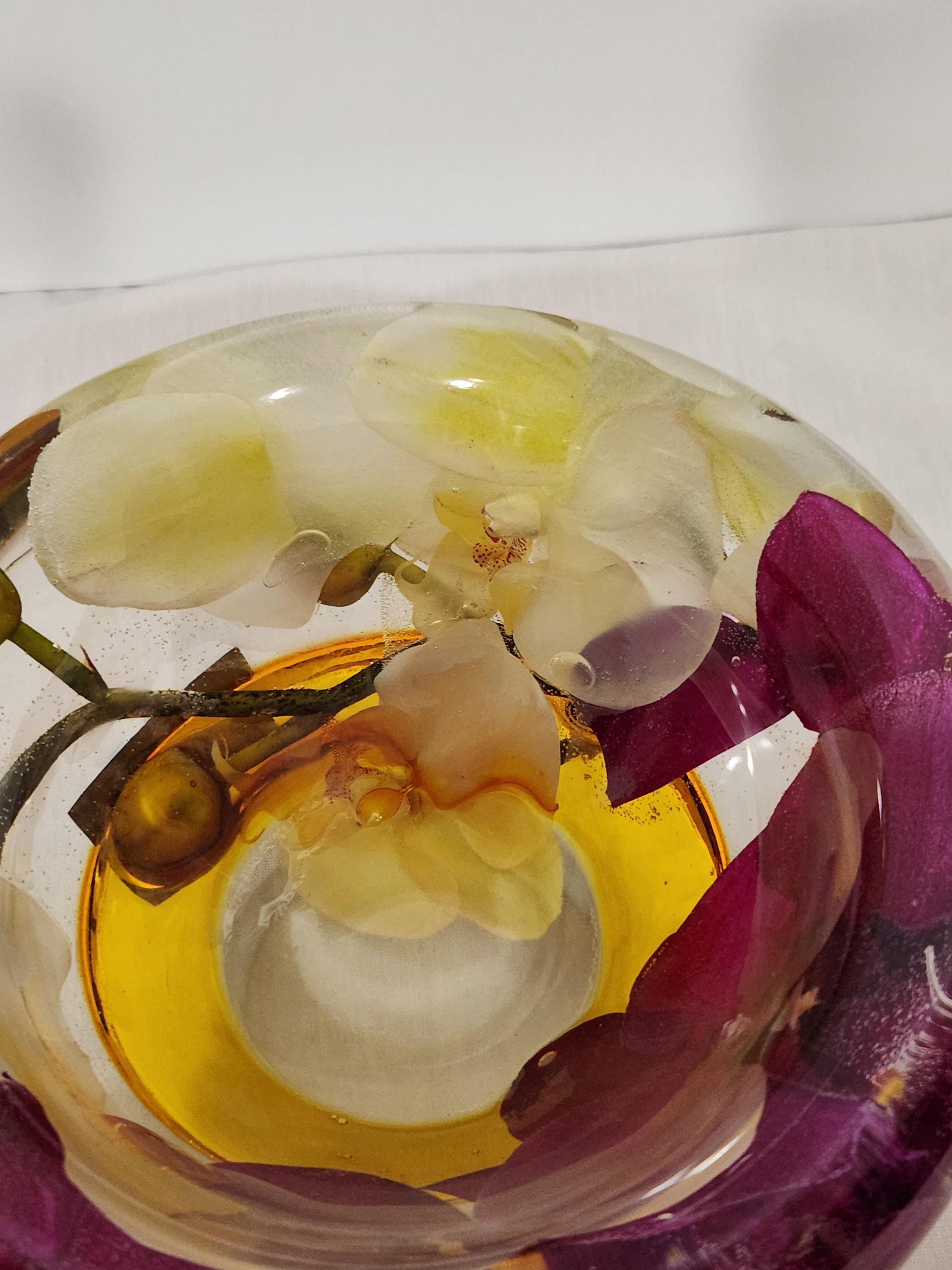 Emilio Robba Floral Lucite Bowl, White Yellow Purple Orchids