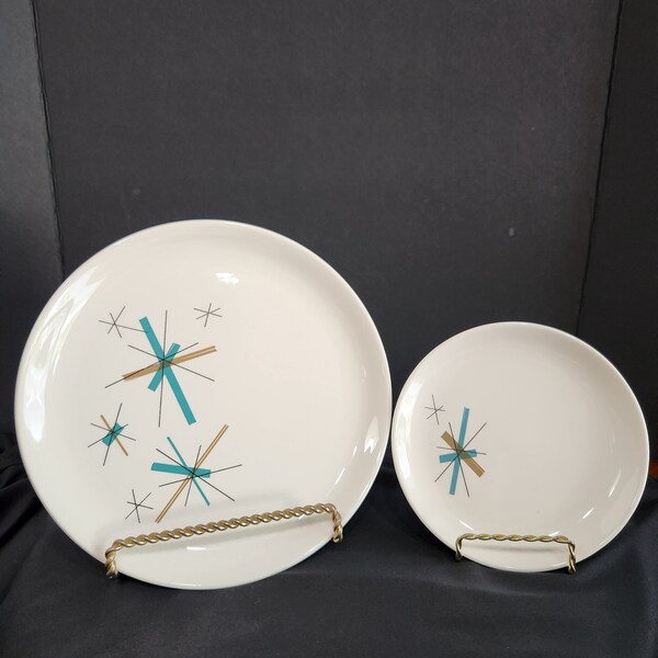 8 pcs of North Star by Salem, Starbursts Luncheon and Bread & Butter Plates. Turquoise Teal Gold Tan Black, Atomic Star, oven proof