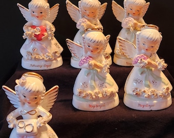 Napco Birthday Angel of the Month, A1362, A1365, A1366 Girls, Spaghetti Trim and Halos, Made in Japan, February, 4 May, June