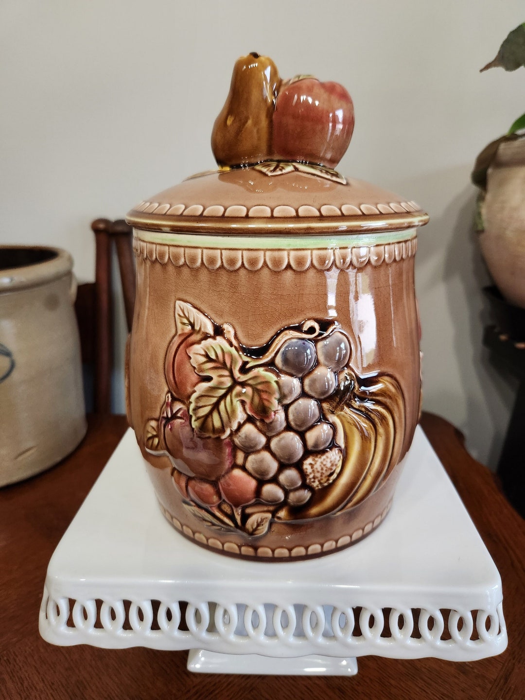 Japan Topline Imports Fruit Cookie Jar. Brown With Muted Colors
