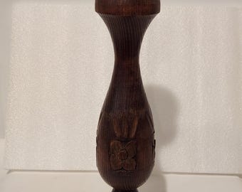 Vtg Arte Mexica Solid Wood Handmade Hand carved wooden Candlestick holder, flowers, dark brown, original sticker on bottom, approx 14" tall