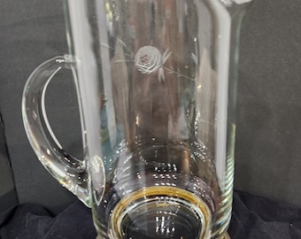 Etched cut Glass Water Pitcher with Silver Base, Floral design with molded Ice Lip. Sterling Silver Cleaned up beautifully