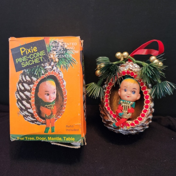 Pixie Pine-Cone Sachet, Elf with Harp Christmas Ornament Decoration, Vintage Essential Oil Dispenser, like new in box