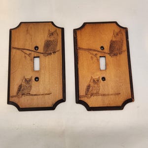 2 pc of solid Pine wood Owl Sitting on Branch Rustic Pressed Burned Single Toggle Light Switch Cover, Metal back original screws, price each
