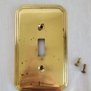 May include: A rectangular, gold-colored light switch plate with a single toggle opening and two screw holes. The plate has a slightly aged appearance with small dark spots. Two brass screws are positioned to the right of the plate.
