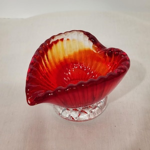 Murano Style Hand Blown Italian Art Glass Bowl, Rich Red Heart Shaped Ribbed Fluted, Ruby Red, Orange, Amber, Clear Base, approx 3&quot; tall