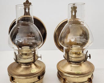 2 pc set Vtg Matching Original Wall Mount Oil Lamps, Never used, Metal brass tone, clear hurricane glass chimney, cottage core country