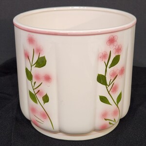 May include: A white ceramic planter with a pink rim and pink and green floral design.