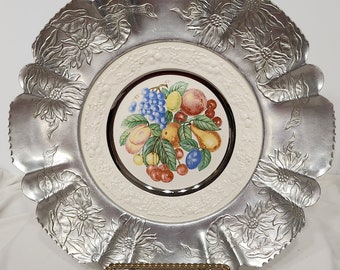 Homer Laughlin Eggshell Theme Aluminum Framed Fruit Serving Platter Plate 1950s USA #E45 N5, Silver aluminum outside Fruit plate 14" round