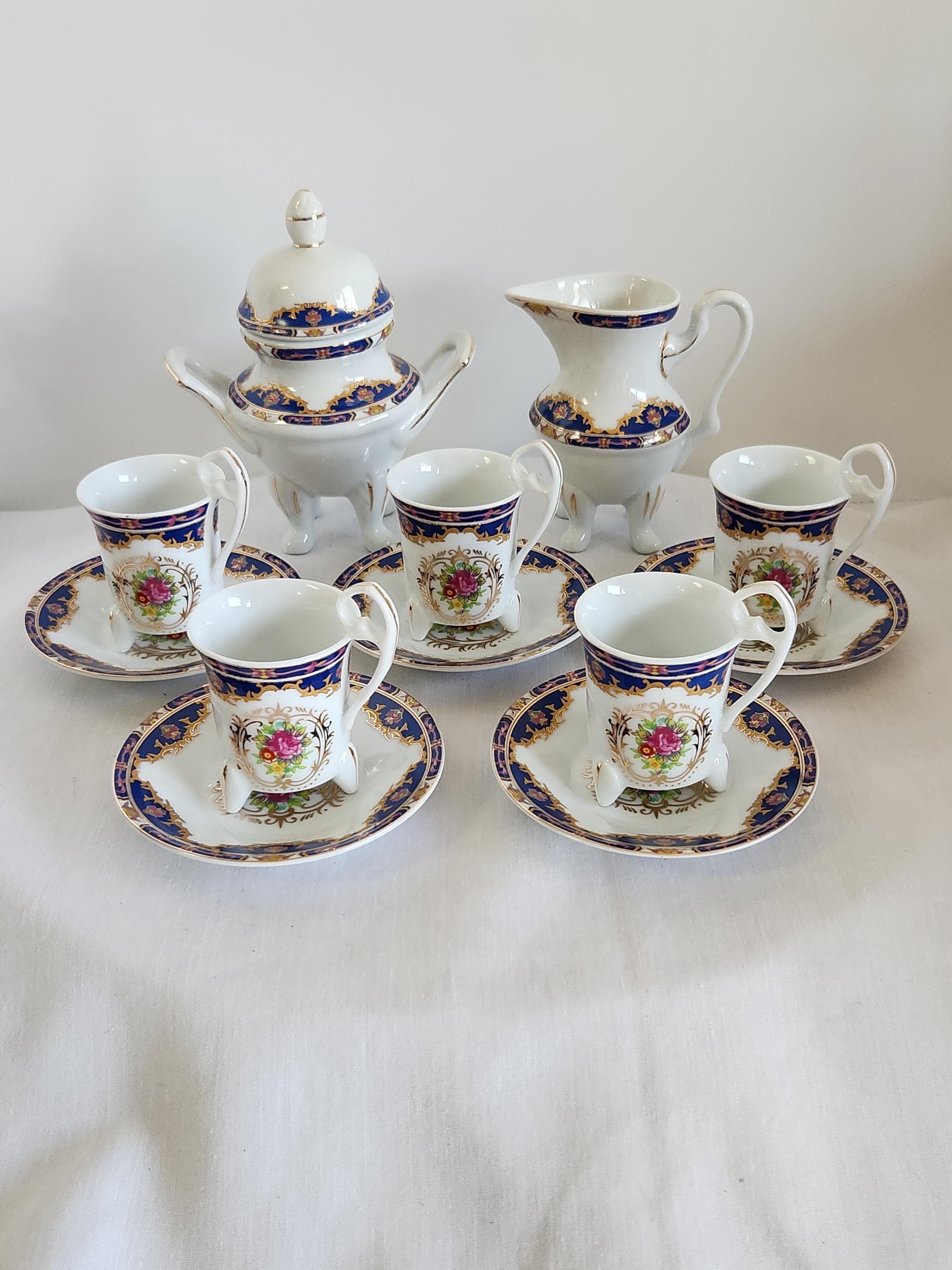 12 pc Italian GNA Fine Porcelain, Tea, Espresso, Demitasse Set, Sugar w Lid, Cream, 5 cups, 5 Saucers, Royal Blue Filigree, Gold, Rose Crest