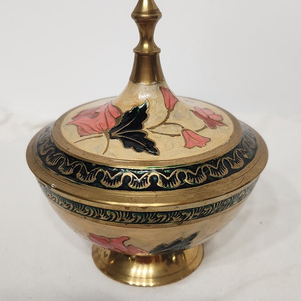 Vtg Brass, Enamel Painted, Pedistal Candy Trinket Bowl with lid. Floral Pink Coral Green Leaves Made in India