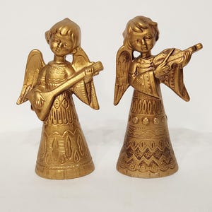2 Stück Lee Wards Papiermaché Gold Engel Figur, Japan, Violine, Banjo, ca 21,5 cm hoch