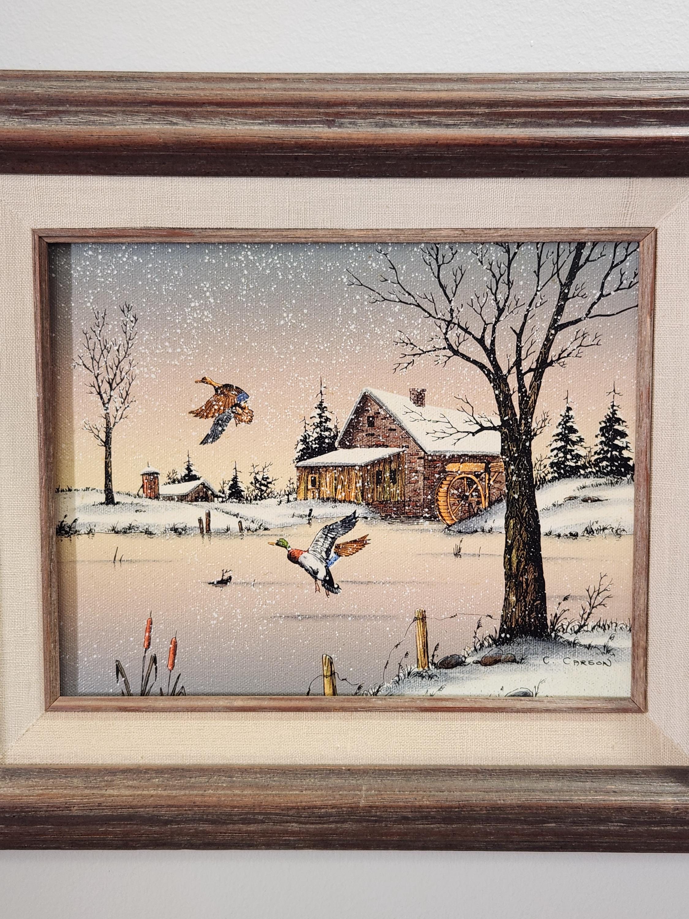 Vtg Ducks Old Mill Water Wheel Artist Signed C. Carson, Oil