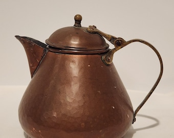 Antique 1920s Solid Copper and Brass hardware Teapot, Rare Cone Shape, Hammered Texture, excellent condition, sits flat, approx 6.5" tall
