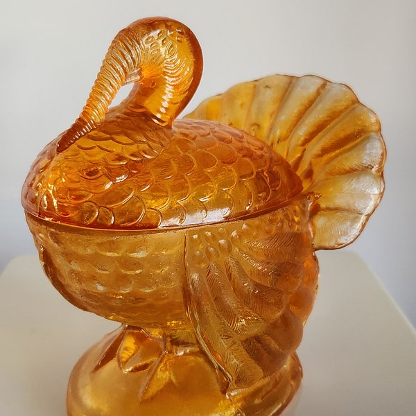 L E SMITH Turkey Golden Amber Art Glass Lidded Candy Trinket Dish 1950s Thanksgiving Fall