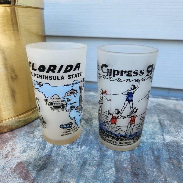 2 pcs Florida 1960s Vintage Vacation Glasses. Peninsula State, Cypress Gardens