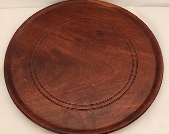 Vtg Round Solid Wood Hand Turned Dark Brown Serving Tray Platter, Double Incised Ring