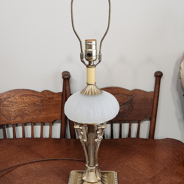 Hollywood Regency Mid Century Brass Details with Frosted Globe Table Lamp. Original Finial and Harp.