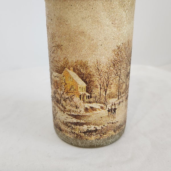 Vtg 1970s Sugared Currier Ives Candle Frosted, NOS Never Burned Crysto-Glass Country Scene 5" tall
