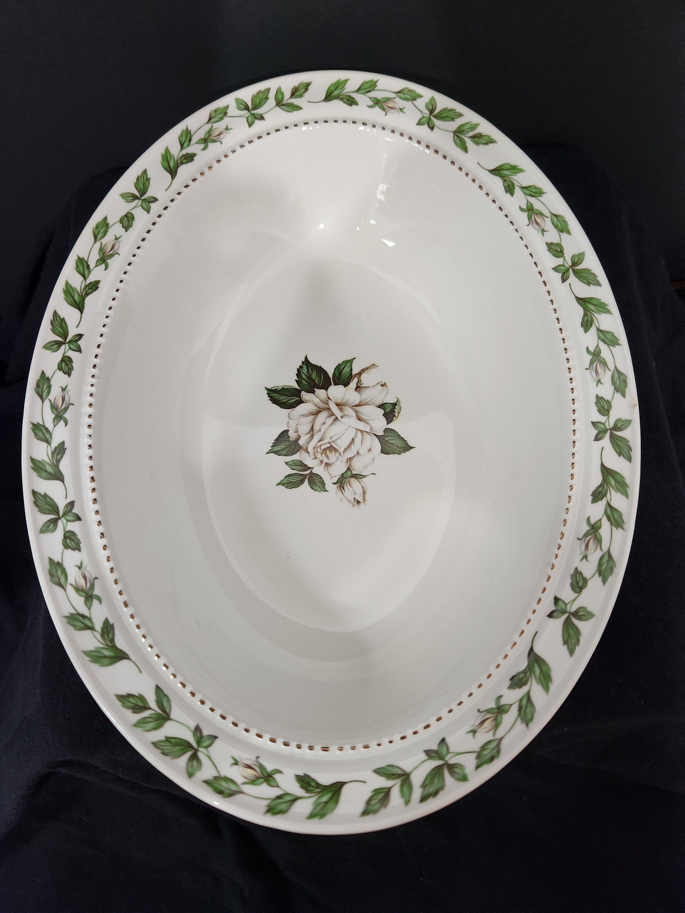 Hall China, Cameo Rose, Vegetable Serving Bowl, 10.5", 1950-1970s, White with White Roses, Green Foliage and Hand Painted Gold trim