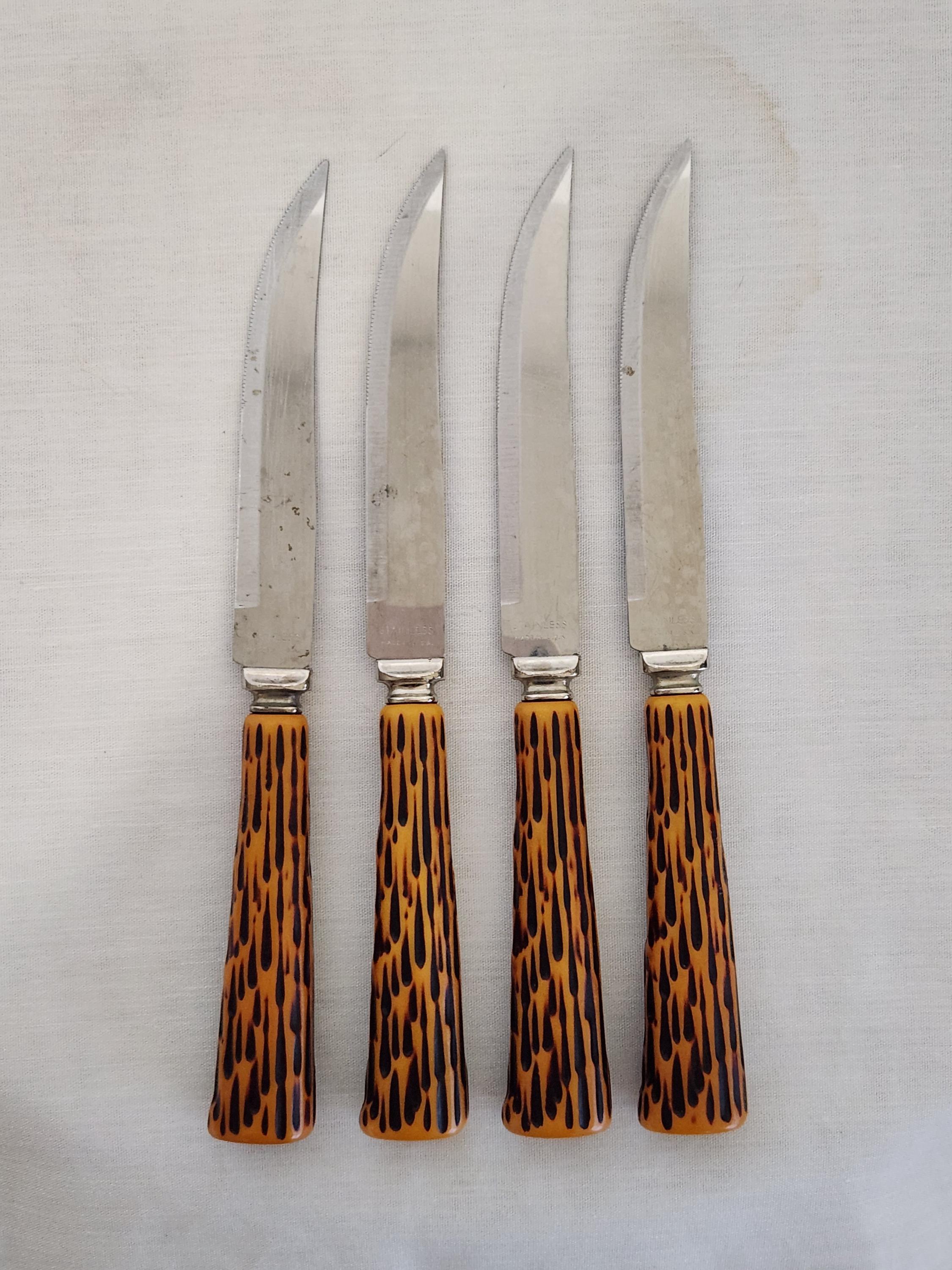 4 Pc Set Vtg Sheffield Steak Knives W Bakelite Faux Antler Handle