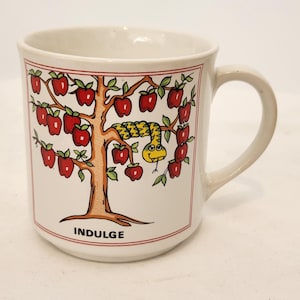 Vtg New 1980s Coffee Mug INDULGE Garden of Eden Yellow snake red apples, Recycle Paper Products, Made in Japan, approx 3.5" tall 14 oz