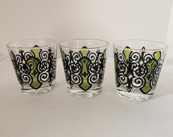 Anchor Hocking Espana Black and Green Stained-glass Old Fashioned Glasses. Atomic 1960s Hacienda Gold Edge Lowball, 7 oz