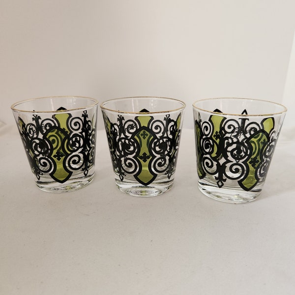 3 pcs Anchor Hocking Espana Black and Green Stained-glass Old Fashioned Glasses. Atomic 1960s Hacienda Gold Edge Lowball, 7 oz