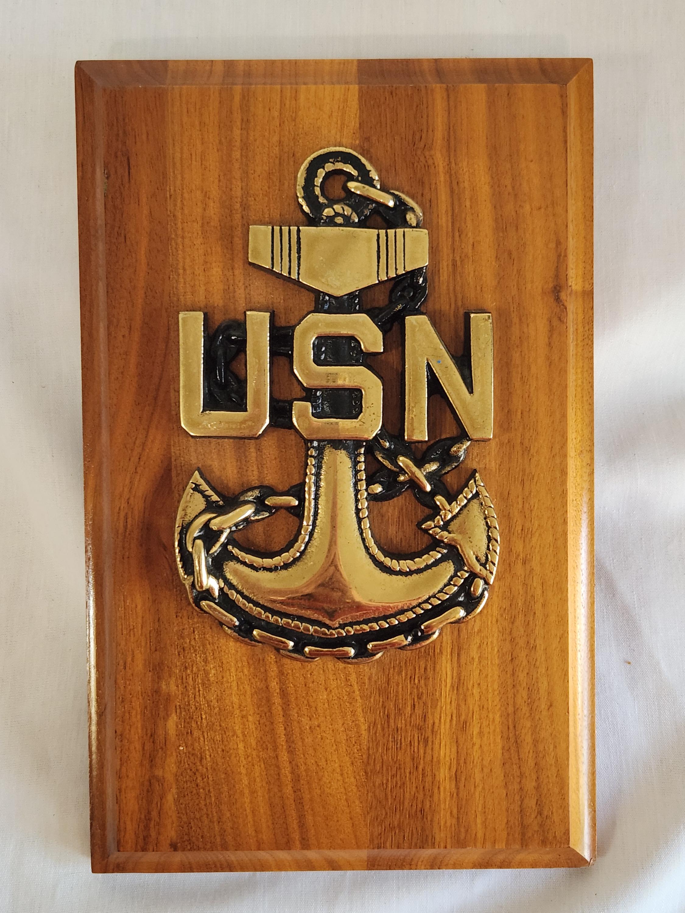 Vintage US Navy Solid Brass and Wood Wall Plaque Hanging, Chief