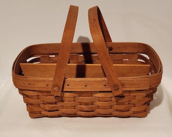 Vtg 1995 Longaberger Classic Medium Chore Basket w original 6 Space Wooden Divider,  Double Swing Handles, artist signed RMW, Made in USA