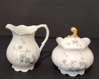 2 pc set Vtg Z & Co, Tirschenreuth Bavaria Germany, Jana Pattern, Sugar w lid and Creamer, Green Ming Ruffle Edge Gold Finial and trim