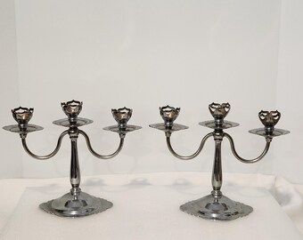2 pc set Vtg Krome Kraft Faber Bros, 3 Candlestick Candelabra, Tulip Points,  USA, approx 8" tall, 9.5" long, New York