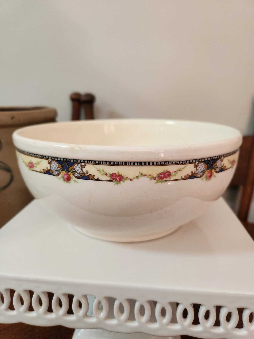 Vintage Universal Cambridge Pottery Cream Bowl Blue Accent Etsy