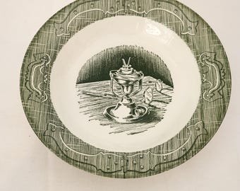 2-delige vintage The Old Curiosity Shop soepkom met rand van Royal China, groene transferware